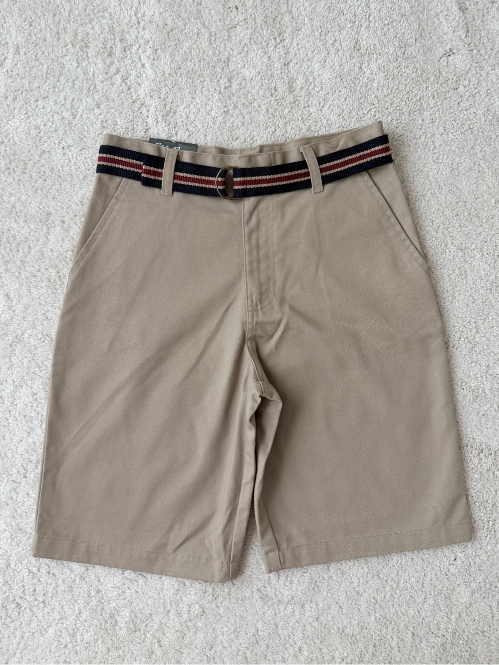 Eddie Bauer Khaki Flat-Front Shorts with Stripe Web Belt
